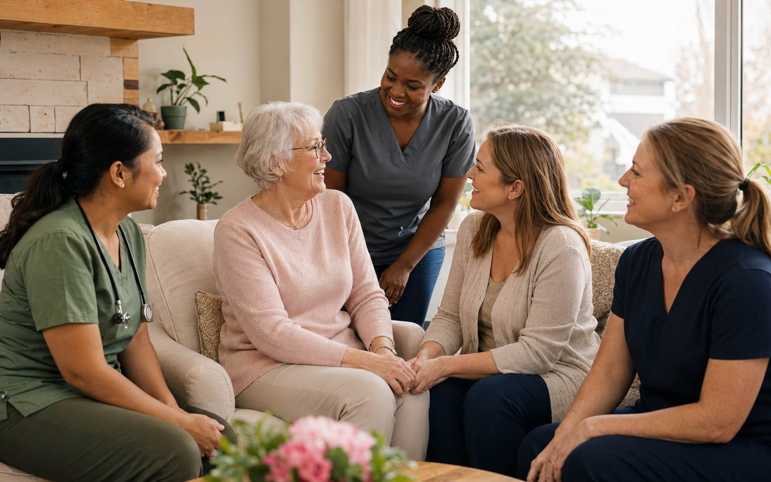 A diverse group of women care professionals supporting a senior and her daughter at home