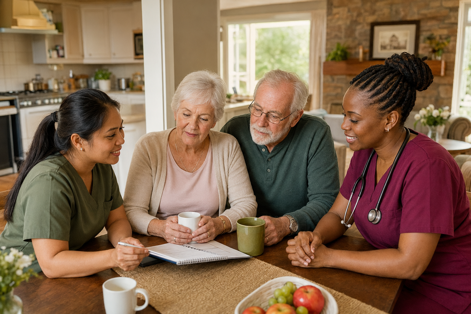 Women care professionals planning support with an older couple in their home