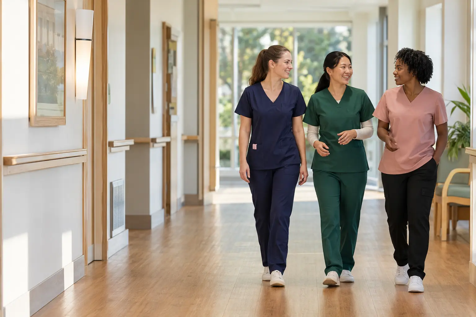 Three care professionals walking together through a bright care facility