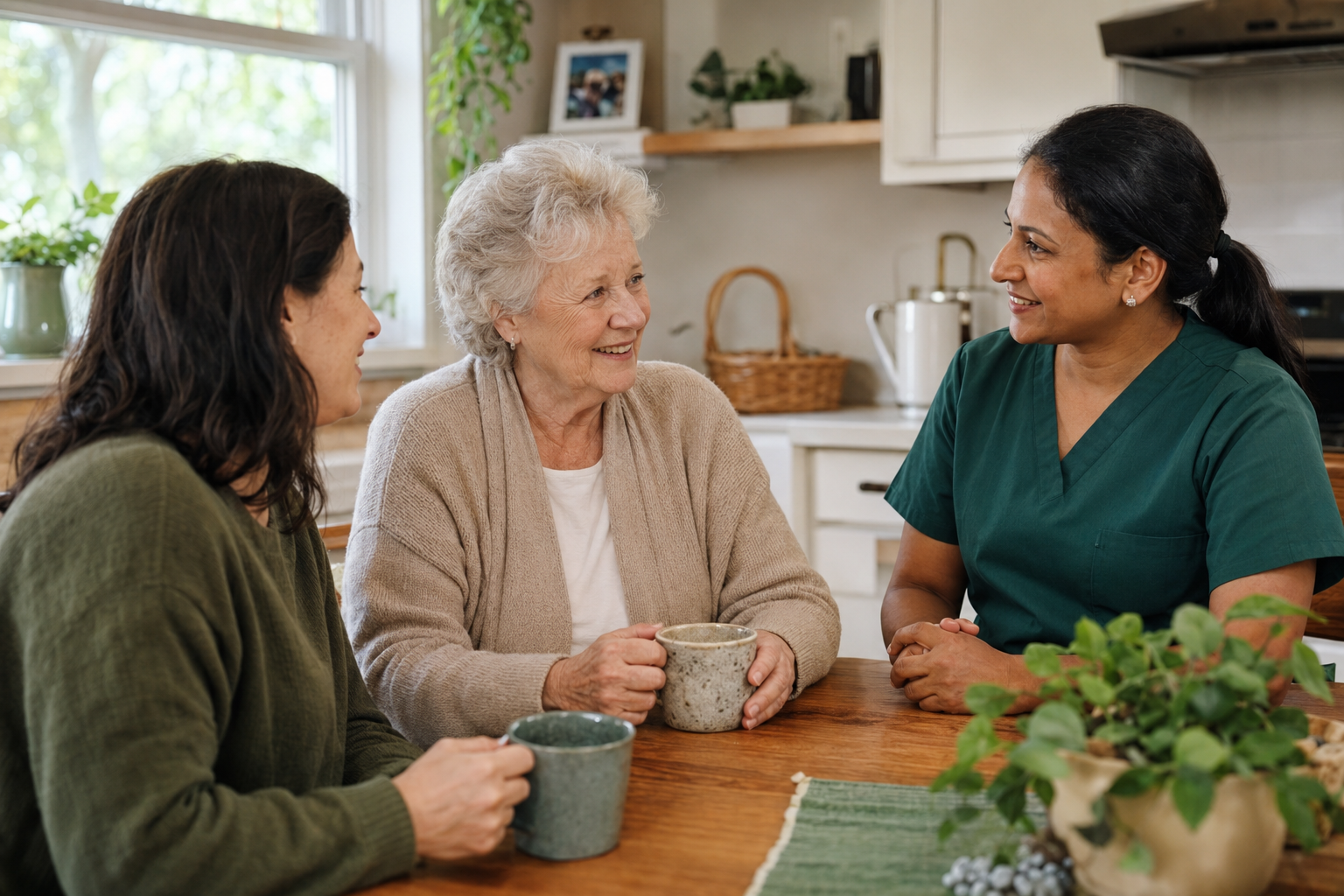 A woman home care aide meeting with a senior and her daughter