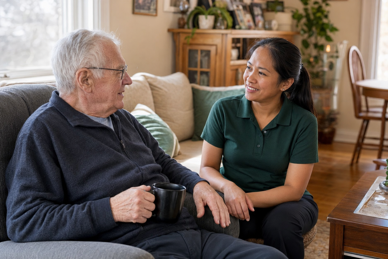 A senior enjoying a friendly conversation with a woman home care aide