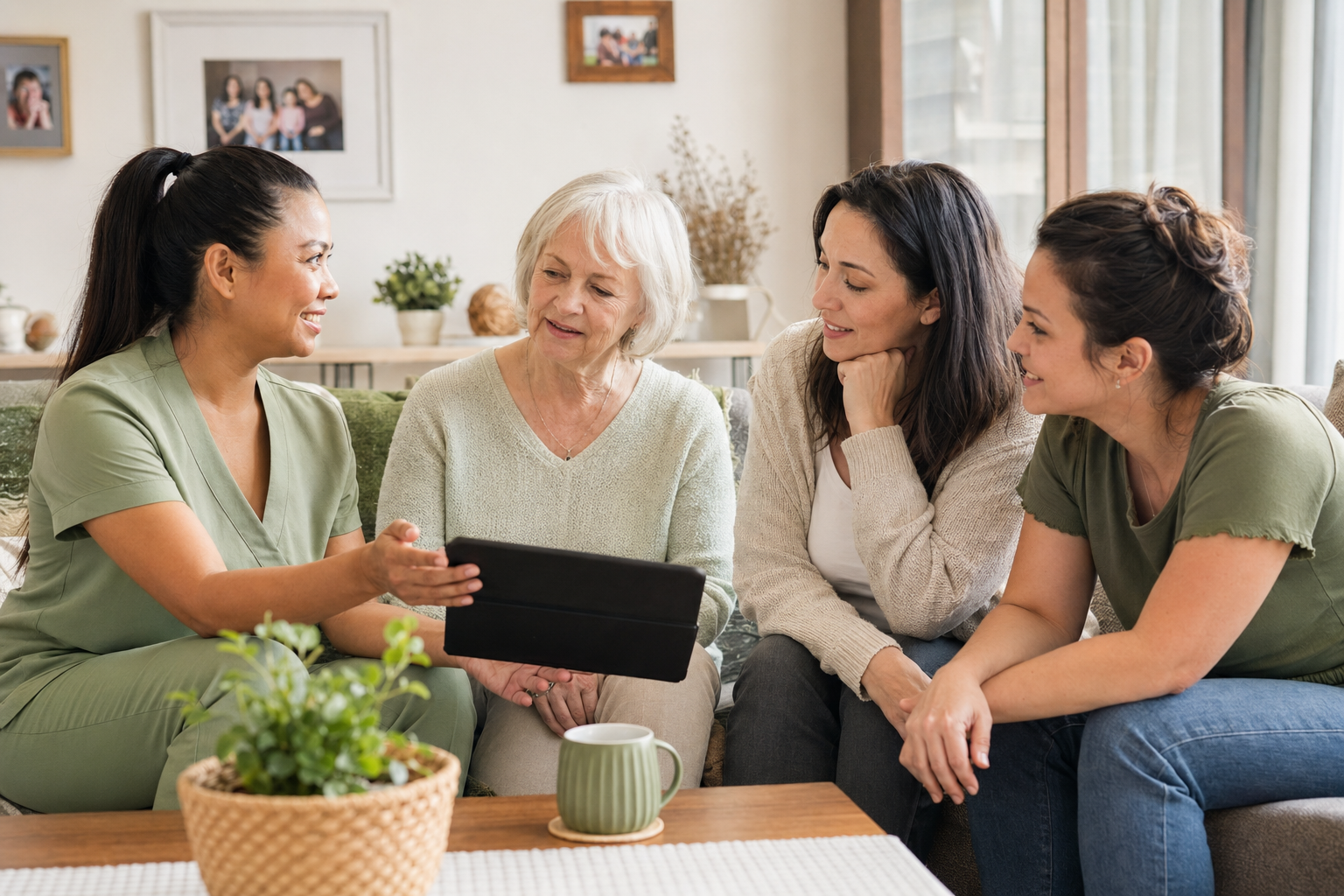 A woman care coordinator meeting with a senior and her family at home