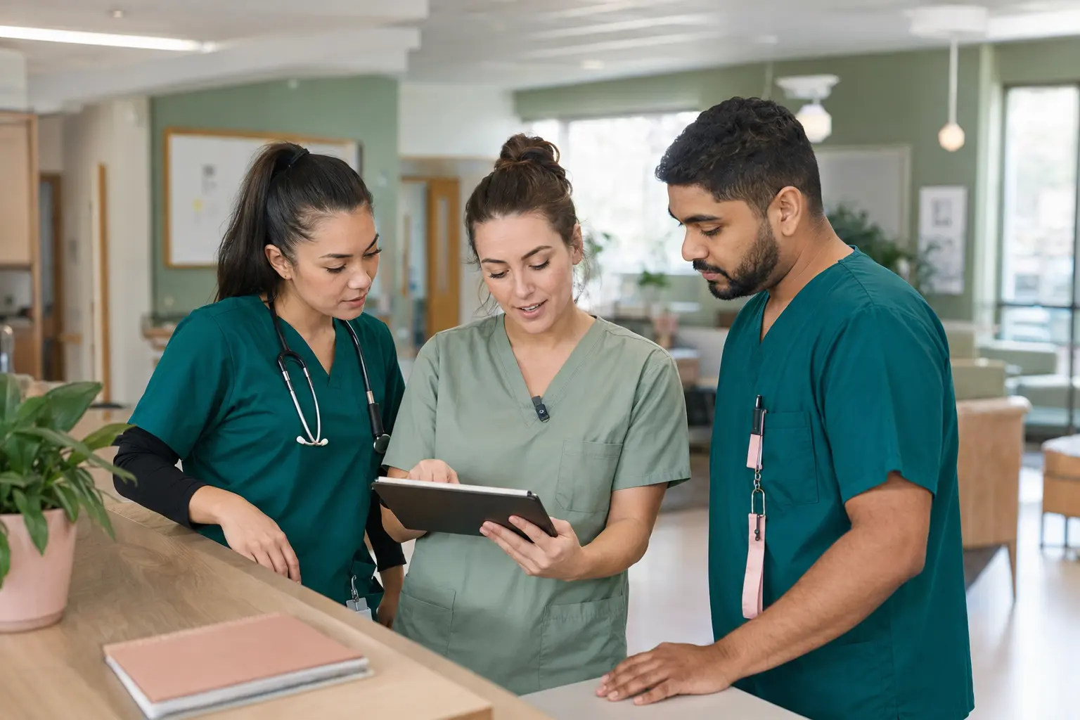 Healthcare professionals collaborating during a team handoff